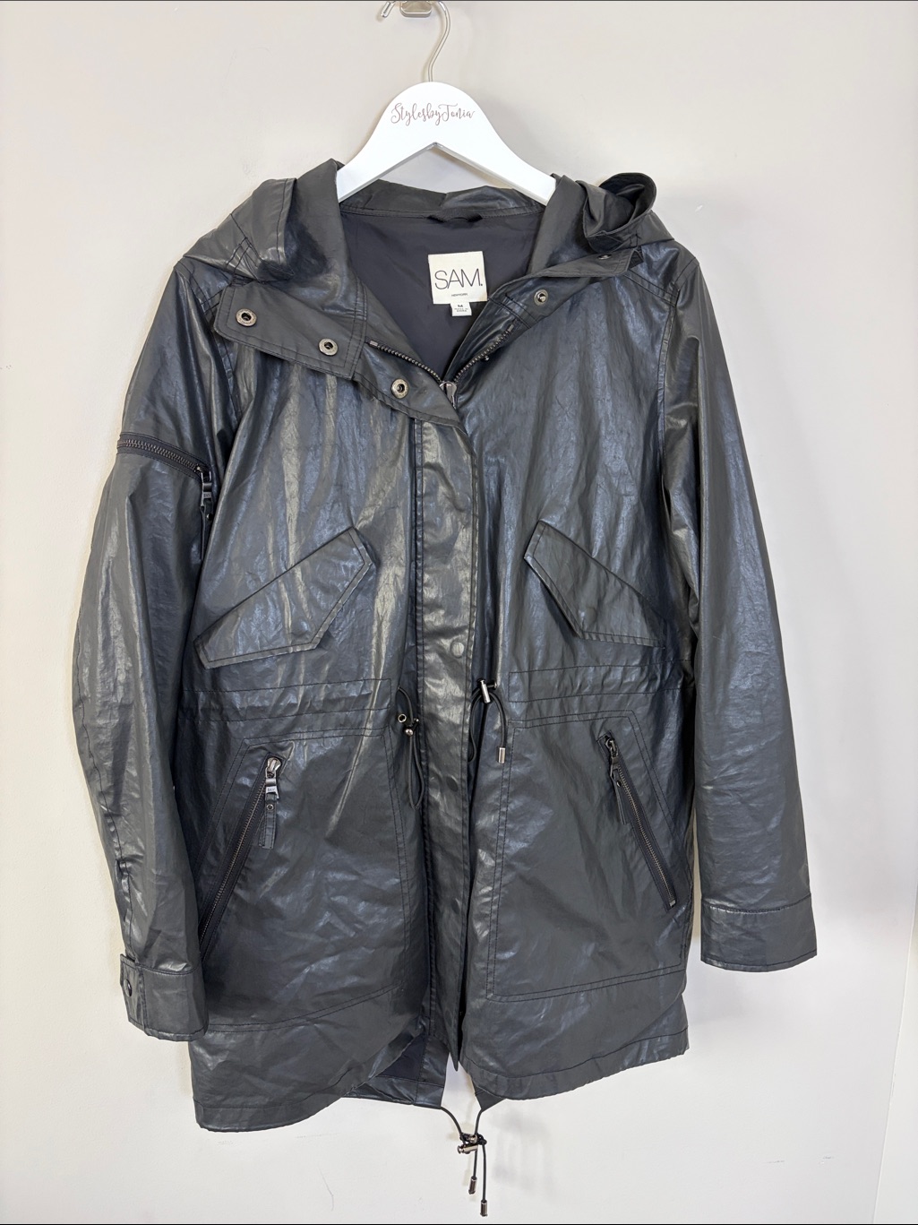 Sam Hudson Parka Black Waxed Finish Long Coat Egyptian Cotton 3m Thinsulate Sz M